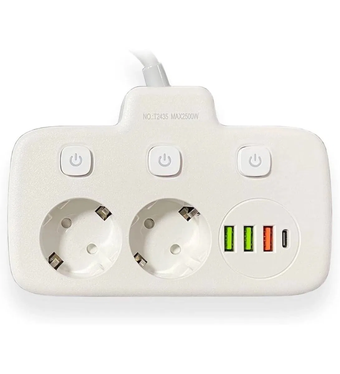 Akım Korumalı 2’li Ayrı Anahtarlı Priz, 2x Priz, 3x Usb, 1x Type-c, 2 Mt Kablo, Hızlı Şarj görsel 3