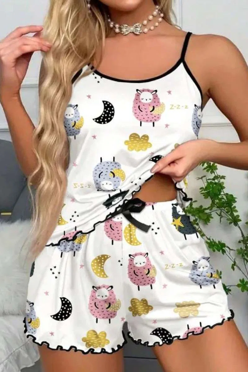 Kuzu Desenli Pembe İp Askılı Yazlık Şort Pijama Takımı Ryl - S-46