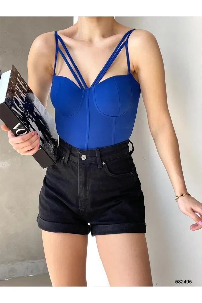 Kadın İşçilik V Yaka İnce Askılı Krep Kumaş Crop Büstiyer görsel 5