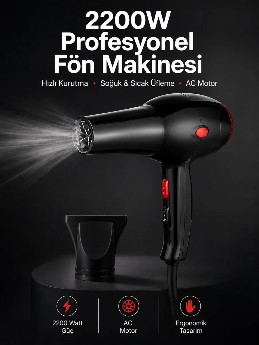 Tüm Saç Tiplerine Uygun, İki Kademeli Hız Ayarlı Fön Makinesi