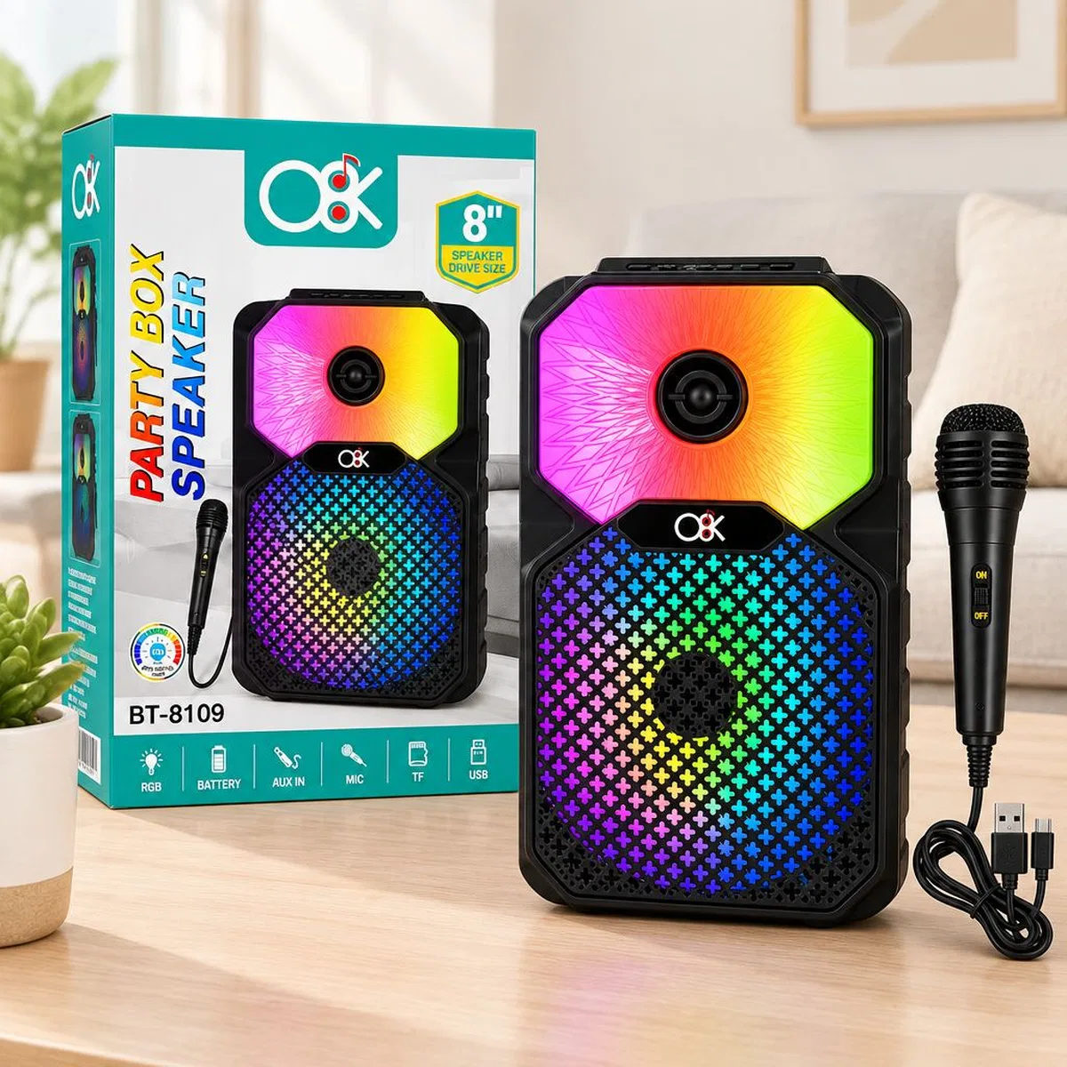 8 inç Bluetooth Mikrofonlu Karaoke Hoparlör (Şarjlı, RGB)