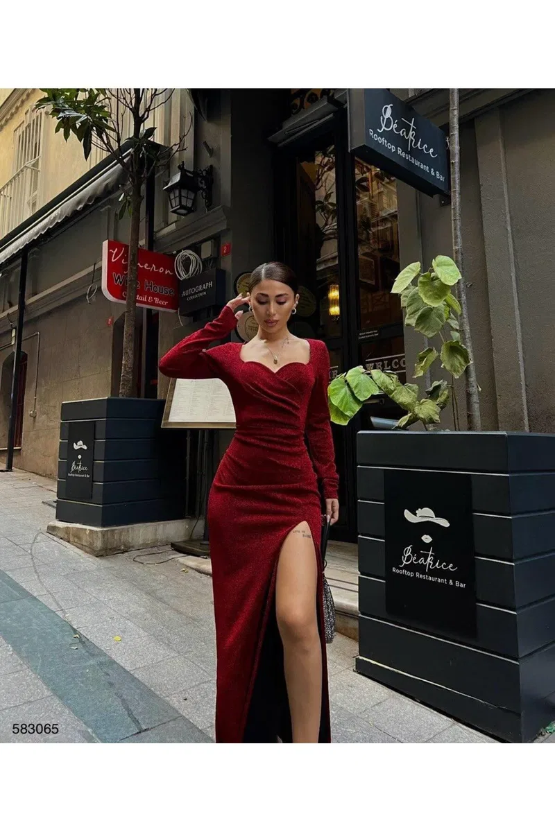Kadın Günlük Kalp Yaka Uzun Kol Çiçekli Bodycon Elbise görsel 6