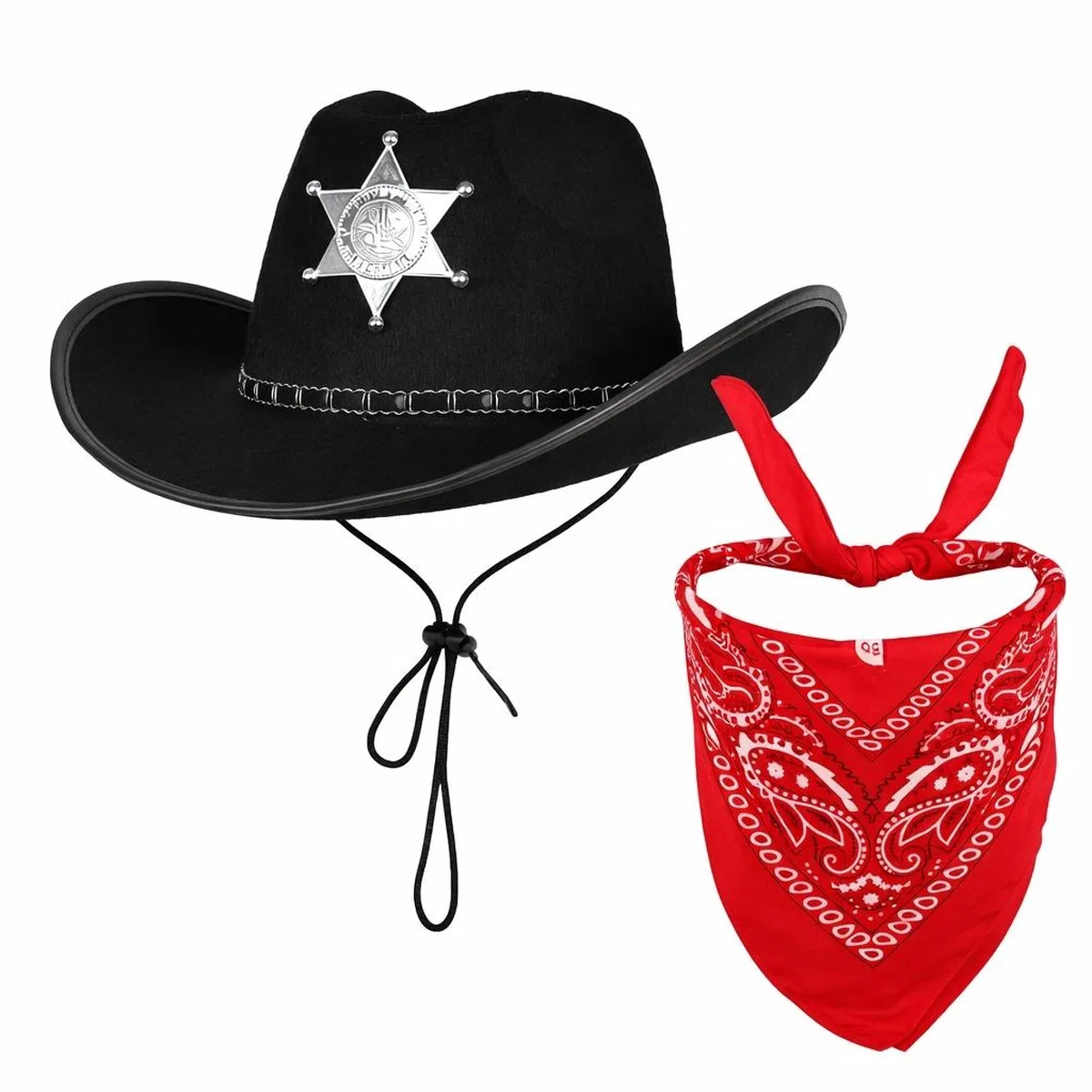 Çocuk Kovboy Şapka Rozetli Siyah Kırmızı Bandana Seti görsel 2