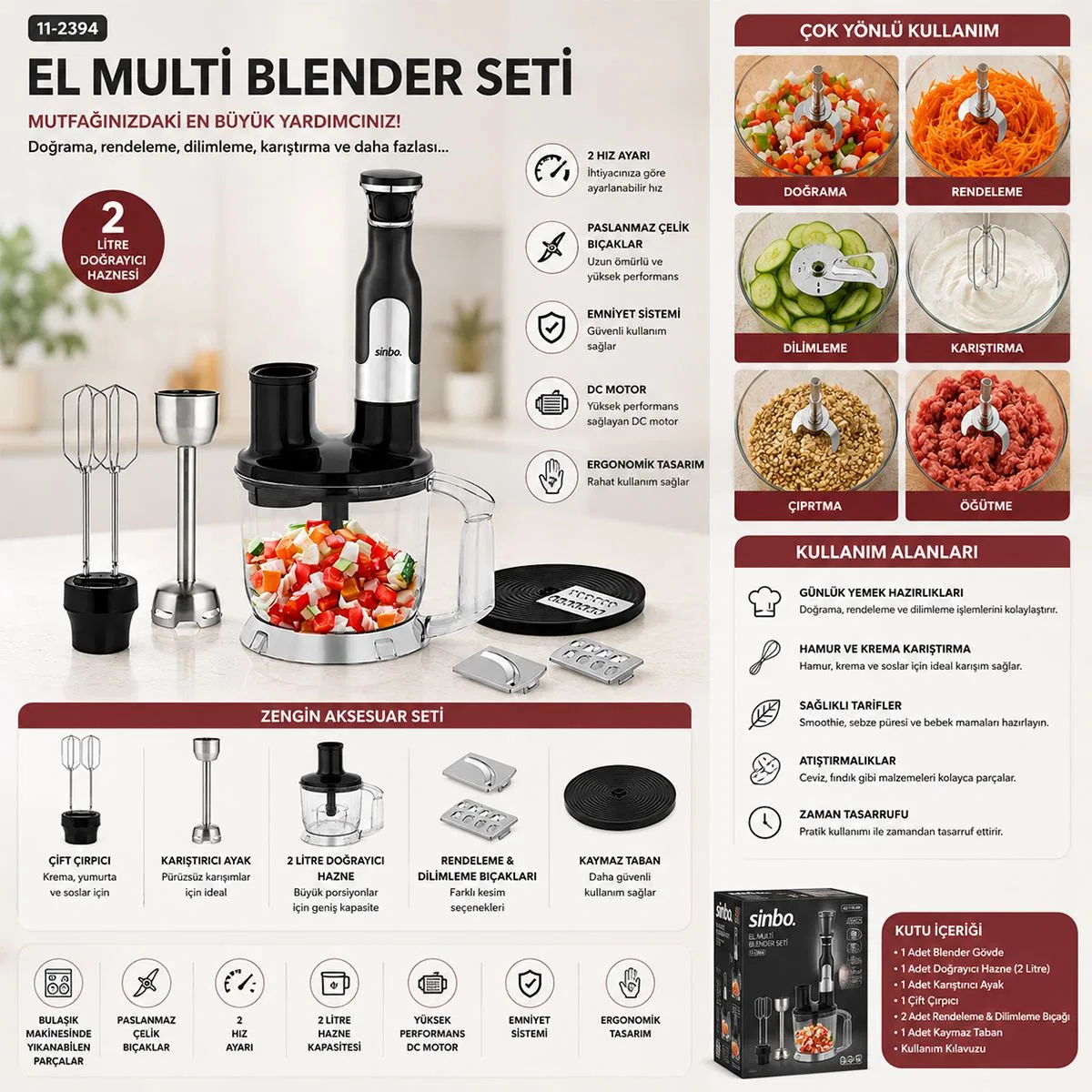 El Multi Blender Seti - 2 Hız, Paslanmaz Çelik Bıçak, 2 L Hazneli görsel 3