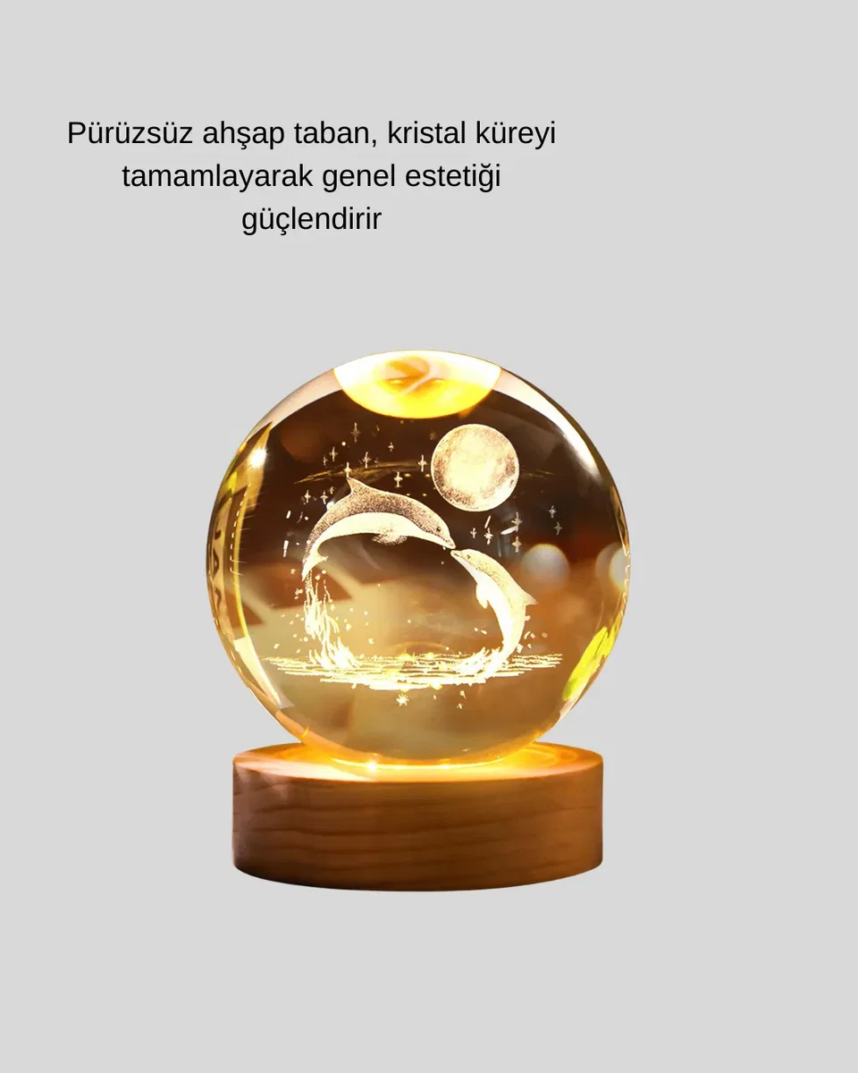 Yunus Temalı Kristal Küre USB Işıklı Ahşap Altlıklı Gece Lambası görsel 5