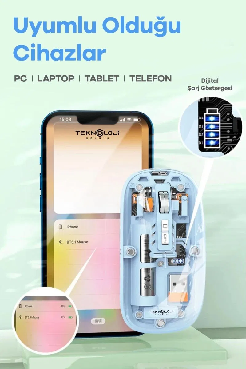 Bluetooth Usb Çift Modlu Sessiz Mouse, Şeffaf Mıknatıslı Kapaklı, Type-c Şarjlı, Dpı Ayarlı, Kablosuz 10m Çekim Mesafeli, Masaüstü Kısayol Tuşlu, Taşınabilir Şarjlı Mouse Siyah görsel 5