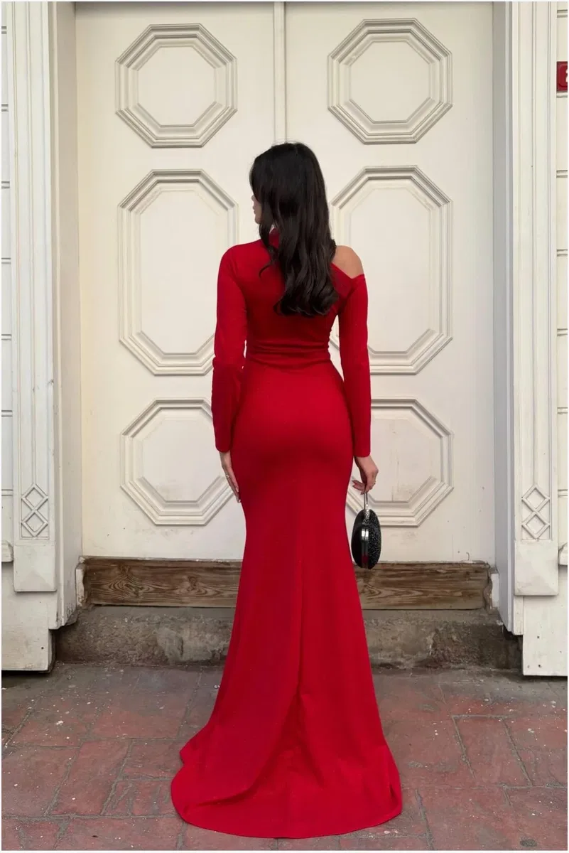 Kadın Vintage Krep Kumaş Tek Omuz Abiye Elbise görsel 4