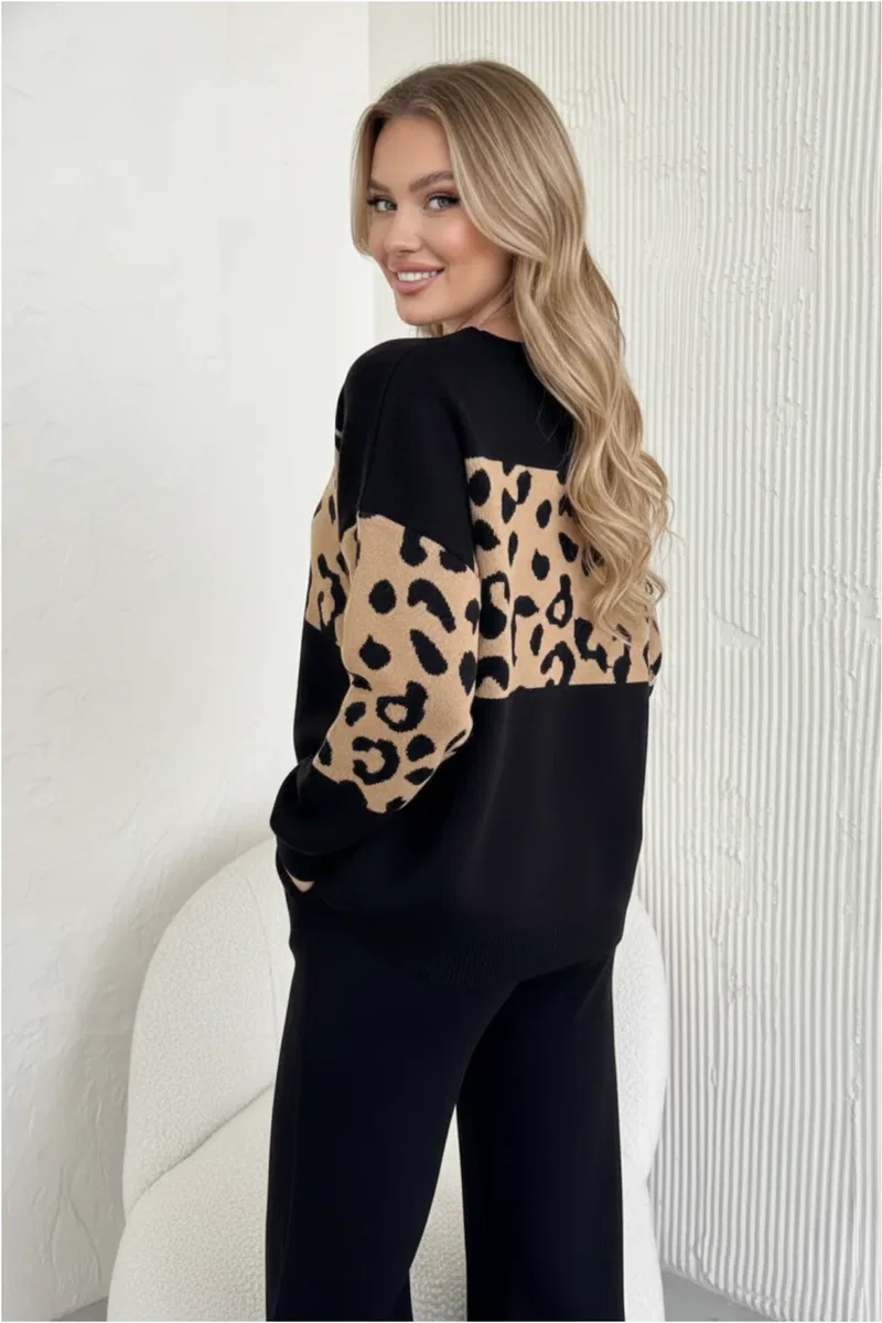 Kadın Şık Leopar Desenli Oversize Triko Takım Beyaz görsel 8
