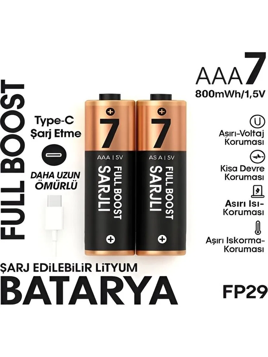 Type-c Şarjlı 800mwh 1. 5v Şarj Edilebilir 2’li Aaa İnce Pil - Lityum Iyon Batarya