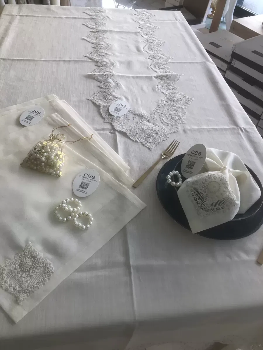 Sofra Takımı Kartanesi Gardenya Keten Yemek Takımı 160x220 Masa Seti 12 Kişilik 26 Parça Runner Set Kreme Gold görsel 6
