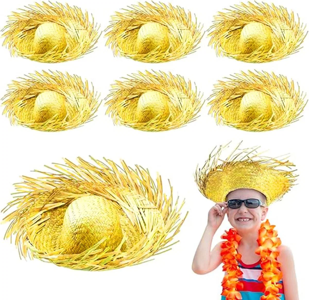 Tropikal Parti Sarı Hasır Hawaii Şapkası 13x36 Cm görsel 2