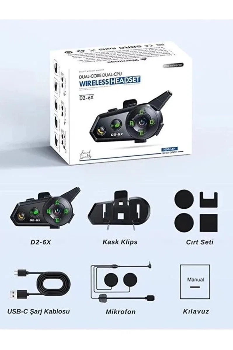 D2-6x 1000m Mesafeli 6 Klı İntercom Bluetooth Motosiklet Kask Kulaklığı İntercom Kulaklık görsel 7