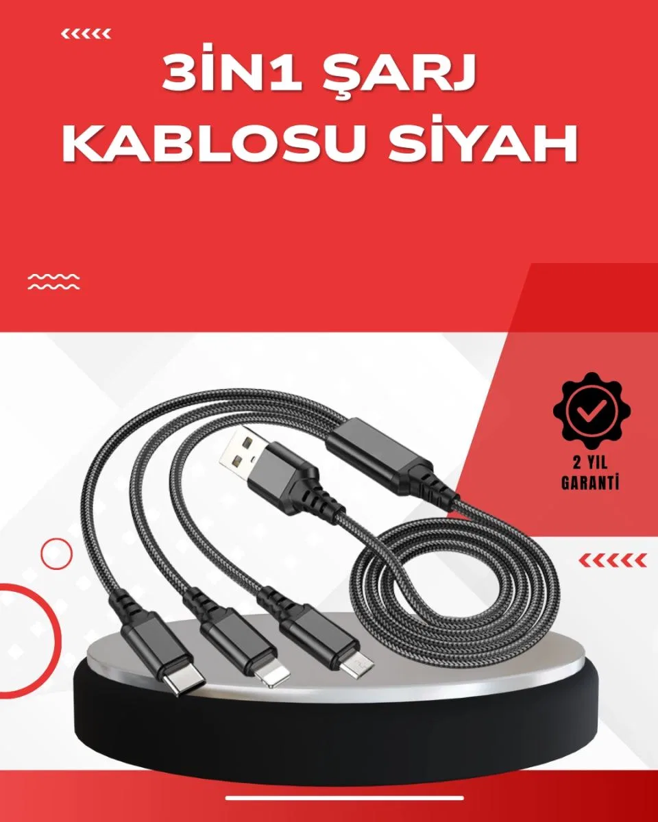 Dayanıklı Metal Başlıklı 3’ü 1 Arada Şarj Kablosu – Tüm Cihazlarla Uyumlu