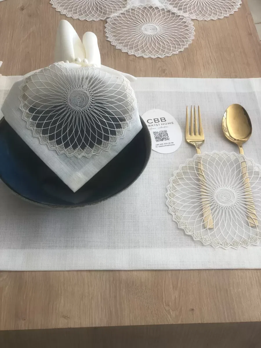 Sofra Takımı Planet Gardenya Keten Yemek Takımı 160x260 Masa Seti 26 Parça Runner Set Krem görsel 6
