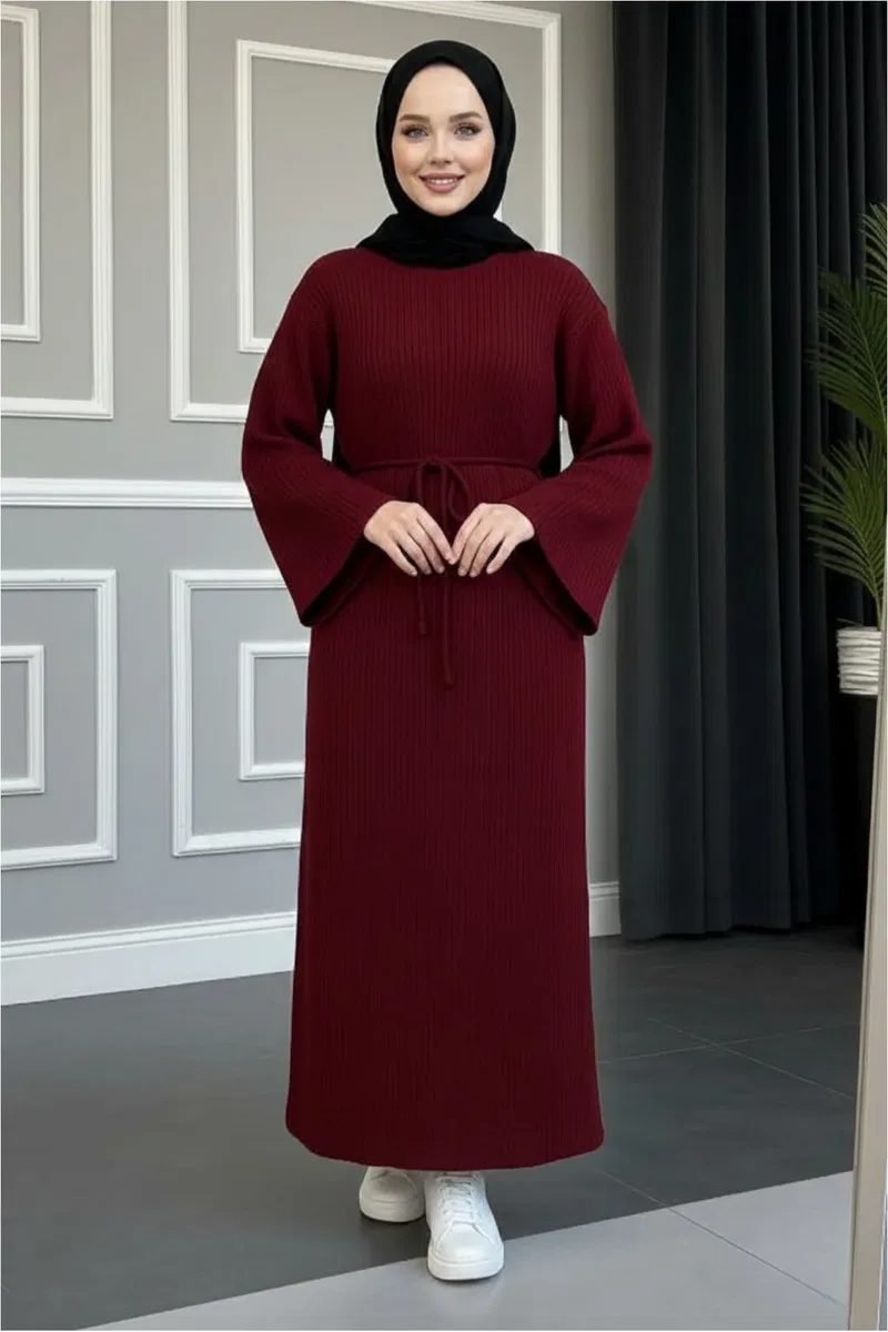 Kadın Şık Krem Ribı Fitilli Uzun Tesettürlü Kışlık Çan Kol Detaylı (Astarlı/Örme) Elbise görsel 8
