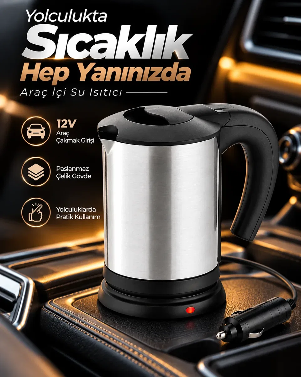 12V Araç Çakmak Girişli Paslanmaz Çelik Araç İçi Su Isıtıcı Seyahat Tipi Pratik Kettle