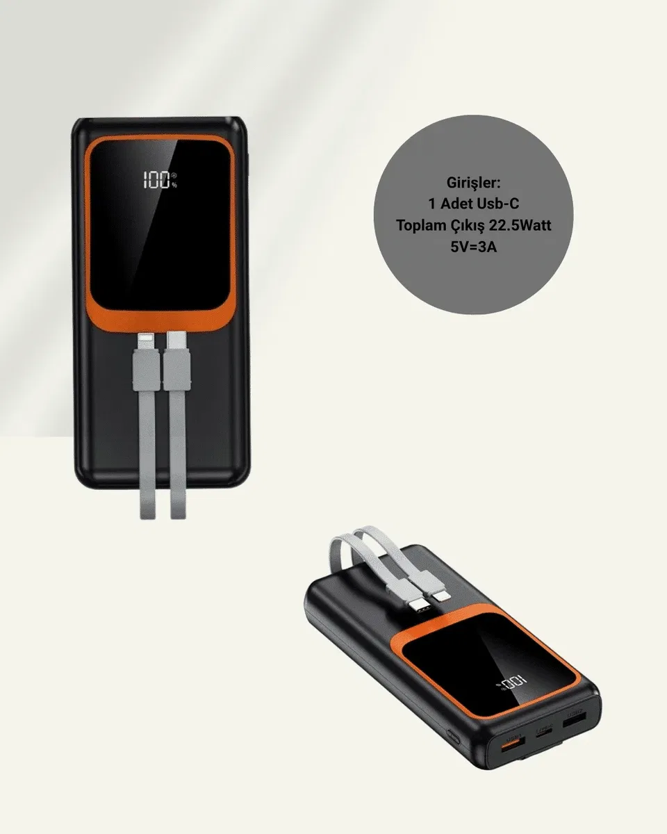 20000 mAh Taşınabilir Powerbank | Çok Kablolu, Hızlı Şarj Destekli (22. 5W) görsel 5