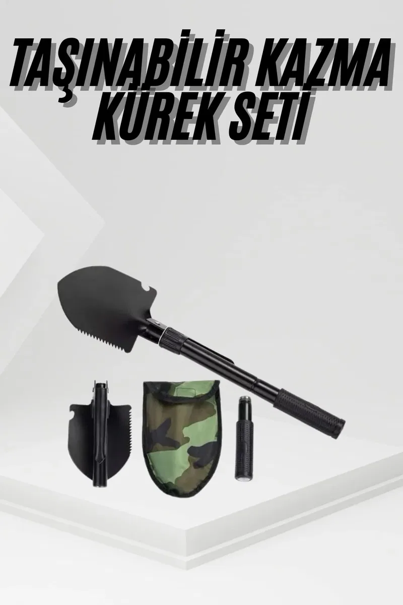 Katlanır Portatif Kazma Kürek Seti Portatif Çelik Taşıma Çantalı Pusulalı