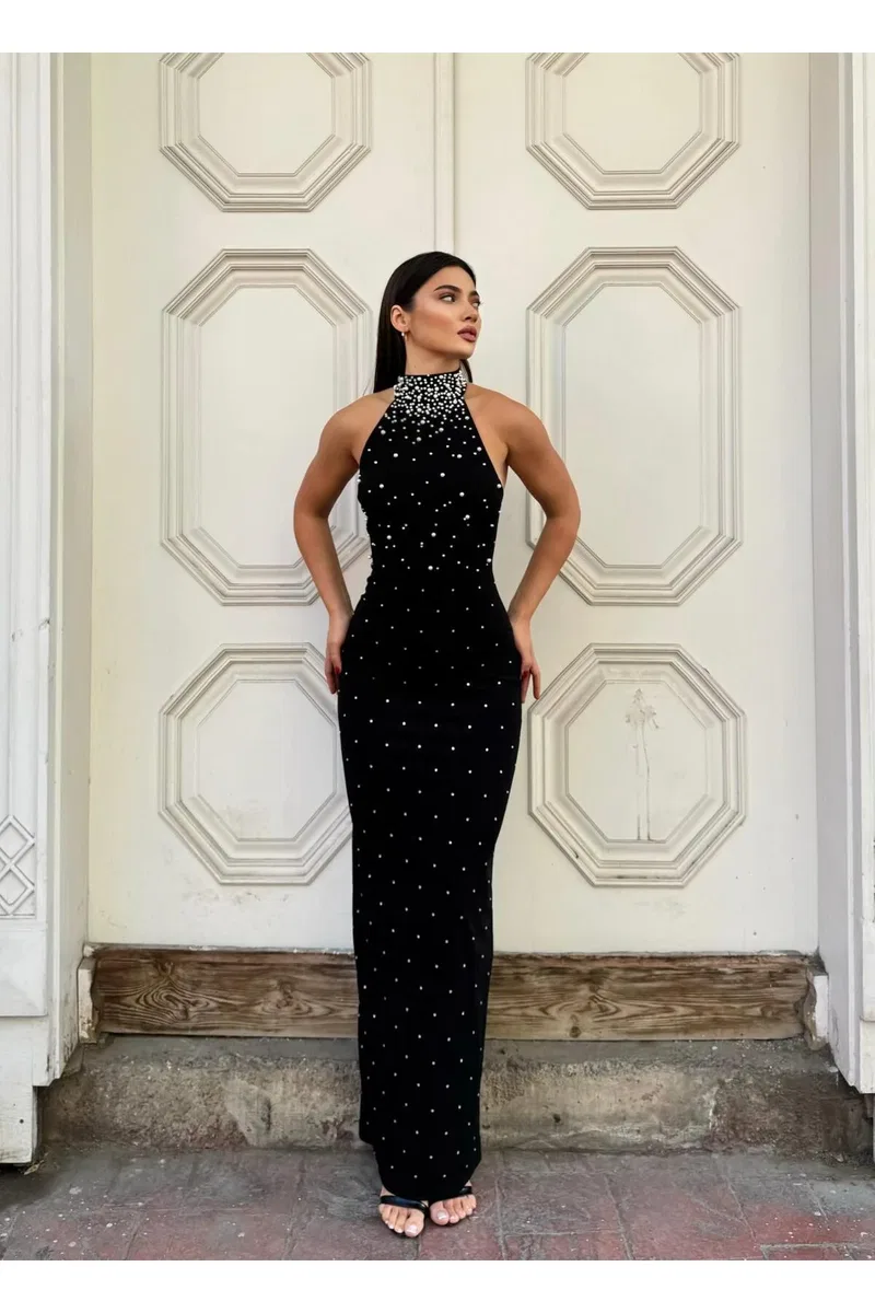 Kadın İnce İşçilik Krep Balıkçı Yaka Uzun Kol Elbise