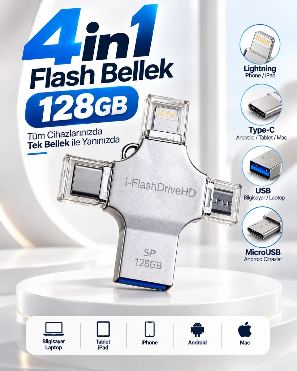 Çoklu Cihaz Uyumlu 128GB 4in1 USB Flash Bellek Lightning Type-C USB-A MicroUSB