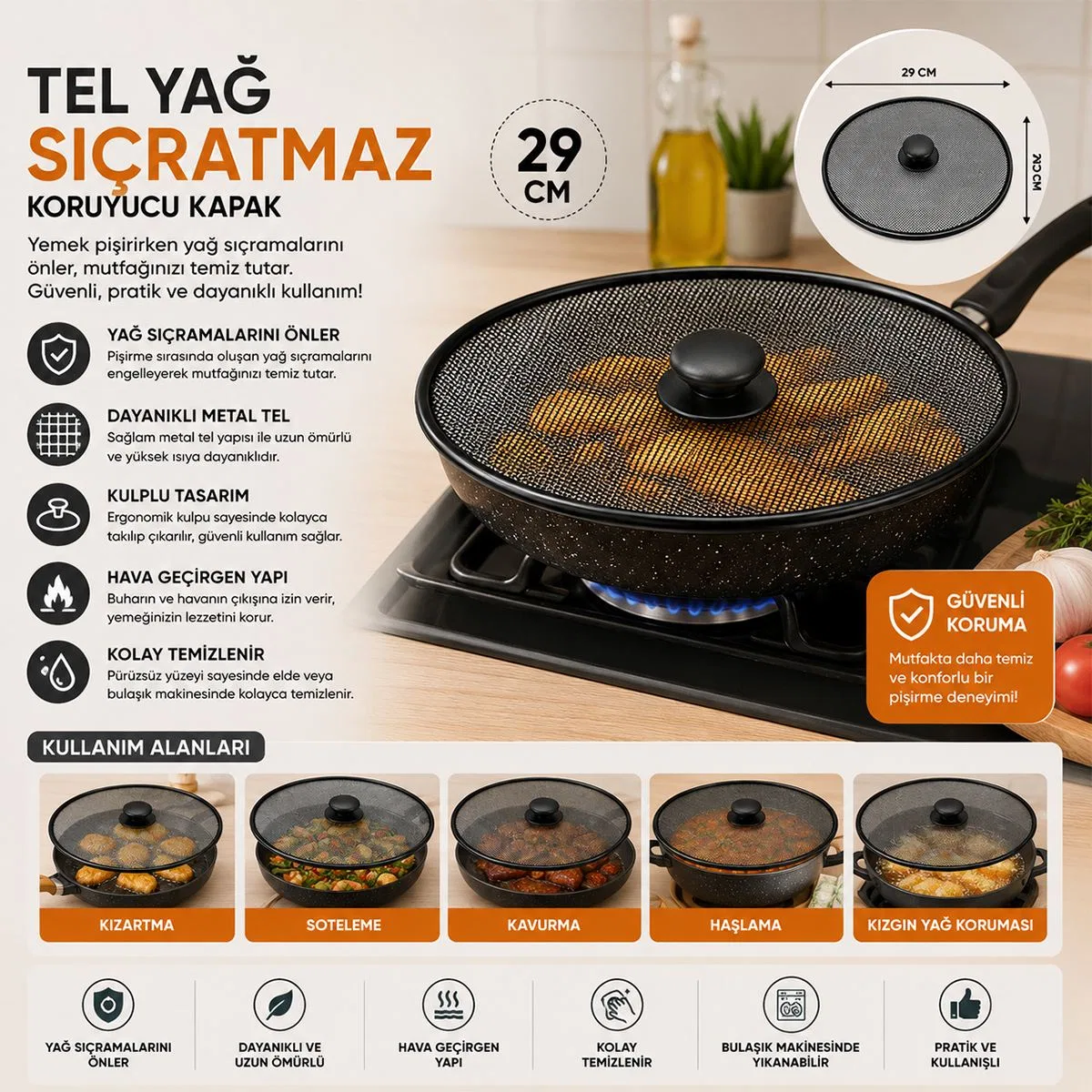 Tel Yağ Sıçratmaz Kapak 29CM Kulplu Metal Çerçeve görsel 2