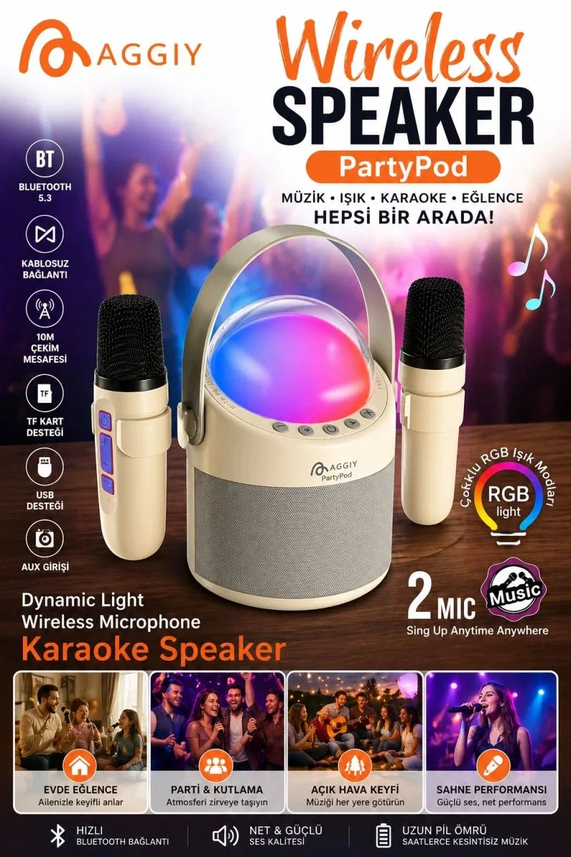 Partypod Bluetooth 5. 3 Destekli Çok Fonksiyonlu Kablosuz Mikrofon Ve Hoparlör