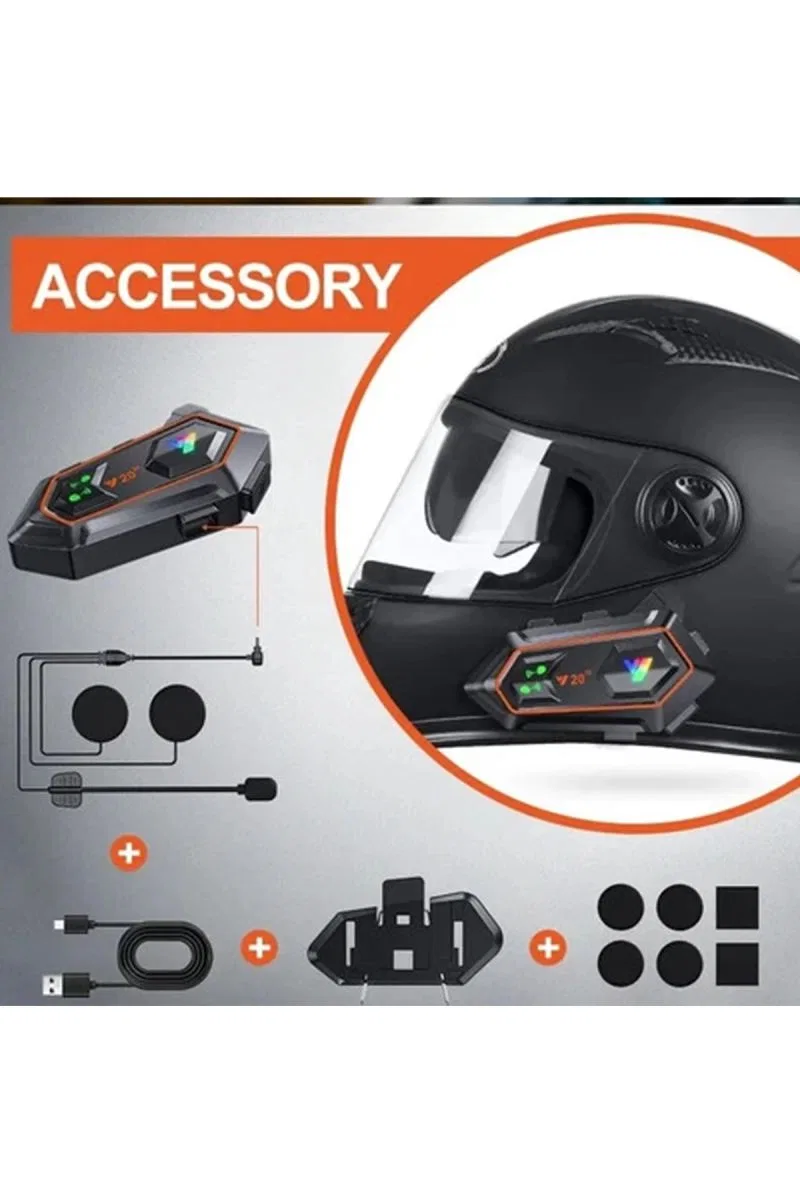 Y20 2x 1000m Telsiz Mesafeli 2 Kişi Bağlantılı Bluetooth Kask Kulaklık Fenerli İntercom görsel 5
