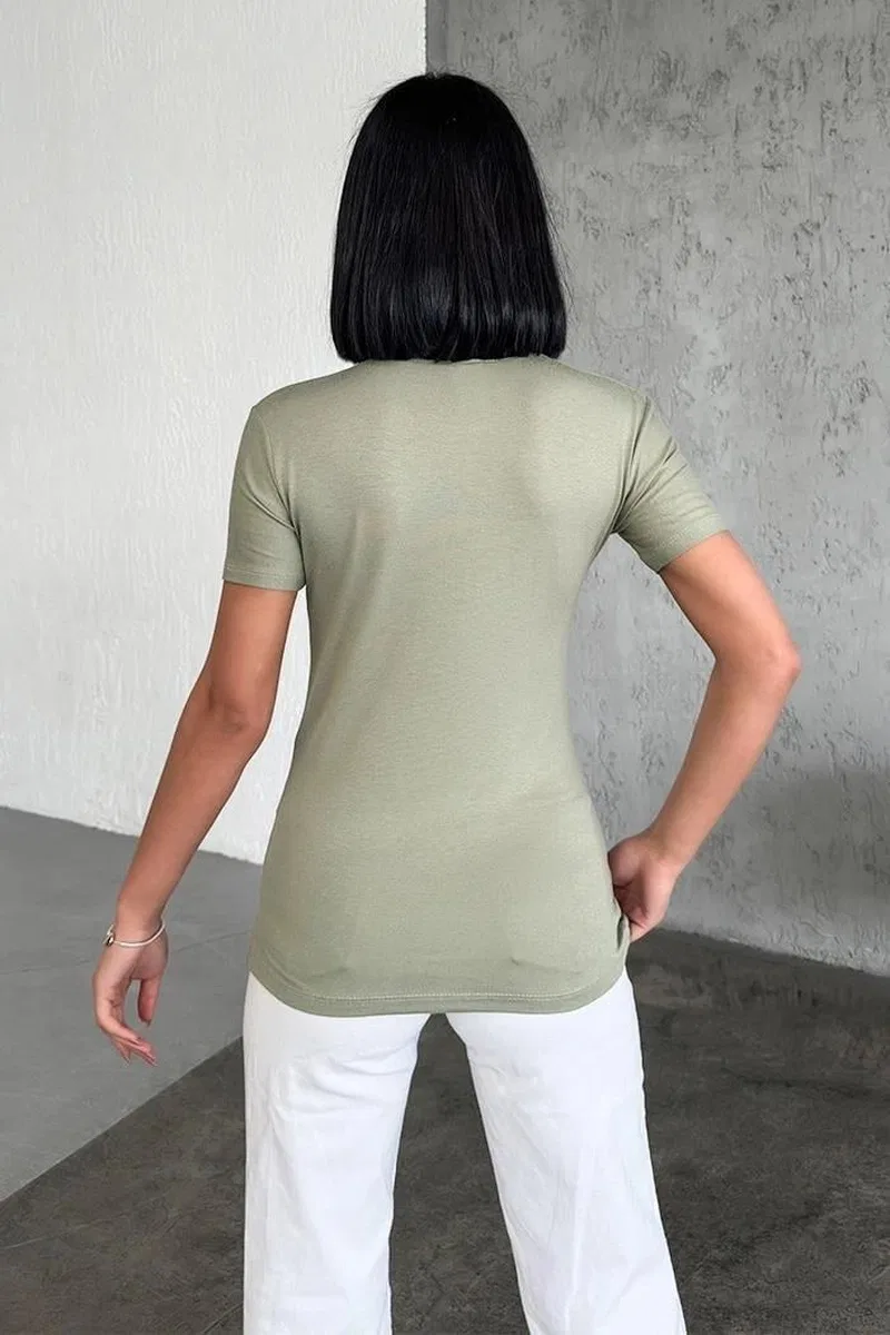 Rahat Ve Şık Kısa Kollu Bisiklet Yaka Likralı Viskon Penye Body Haki görsel 4