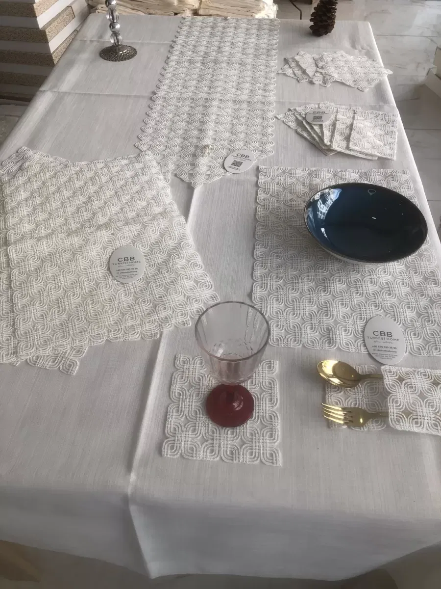 Sofra Takımı Orion Gardenya Keten Yemek Takımı 160x260 Masa Seti 26 Parça Runner Set Krem