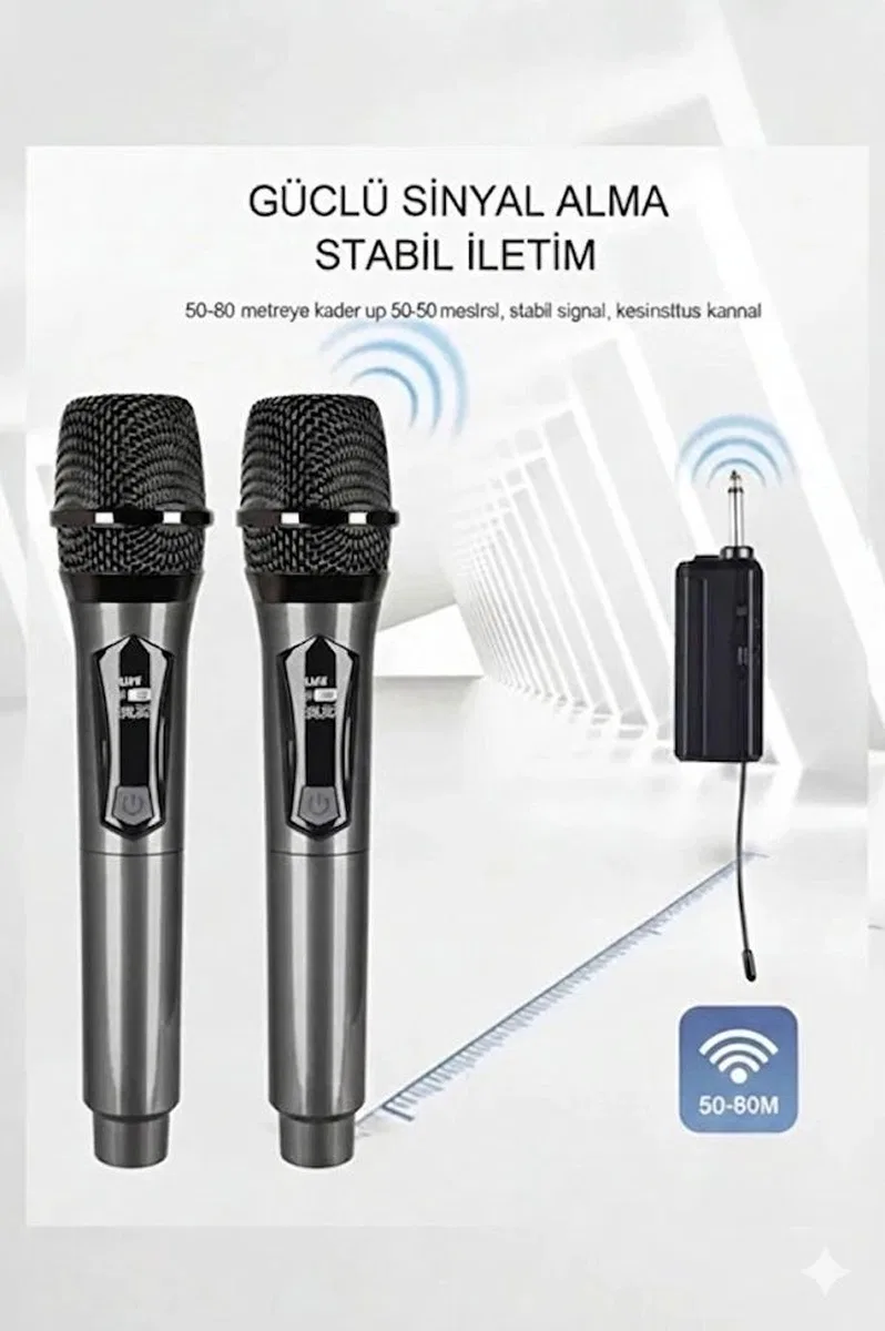 Profesyonel Çiftli Kablosuz Mikrofon Seti Karaoke Şarj Edilebilir 50 Metre görsel 2