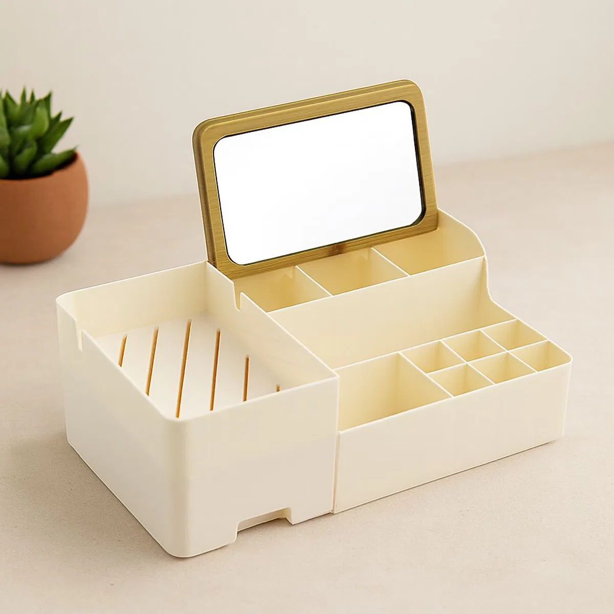 Aynalı Çekmeceli Makyaj ve Takı Organizer - 13 Bölmeli, Bambu Detaylı (28. 5x17. 5x9. 5 cm)