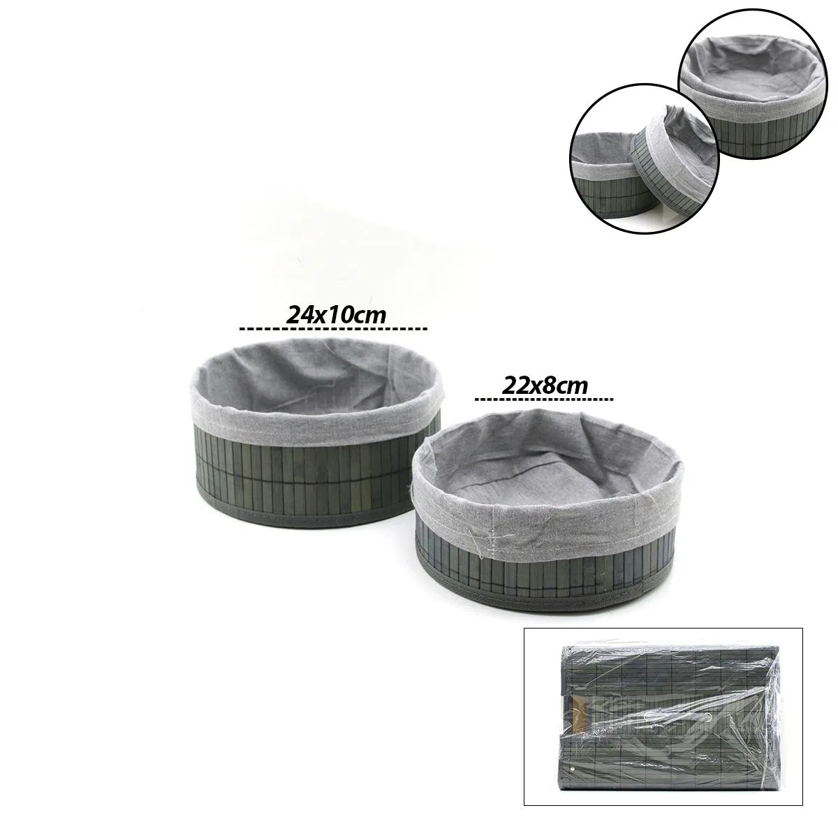 Yuvarlak Organizer Sepet - Bambu Kenarlı Ahşap Taban Bezli (Çap 22x24 cm) görsel 2