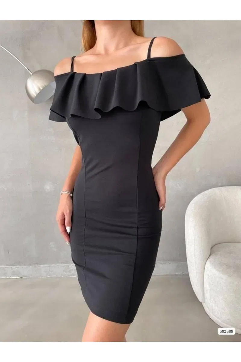 Kadın Minimal Tasarım Gömlek Yaka Volanlı Fırfırlı Elbise görsel 6