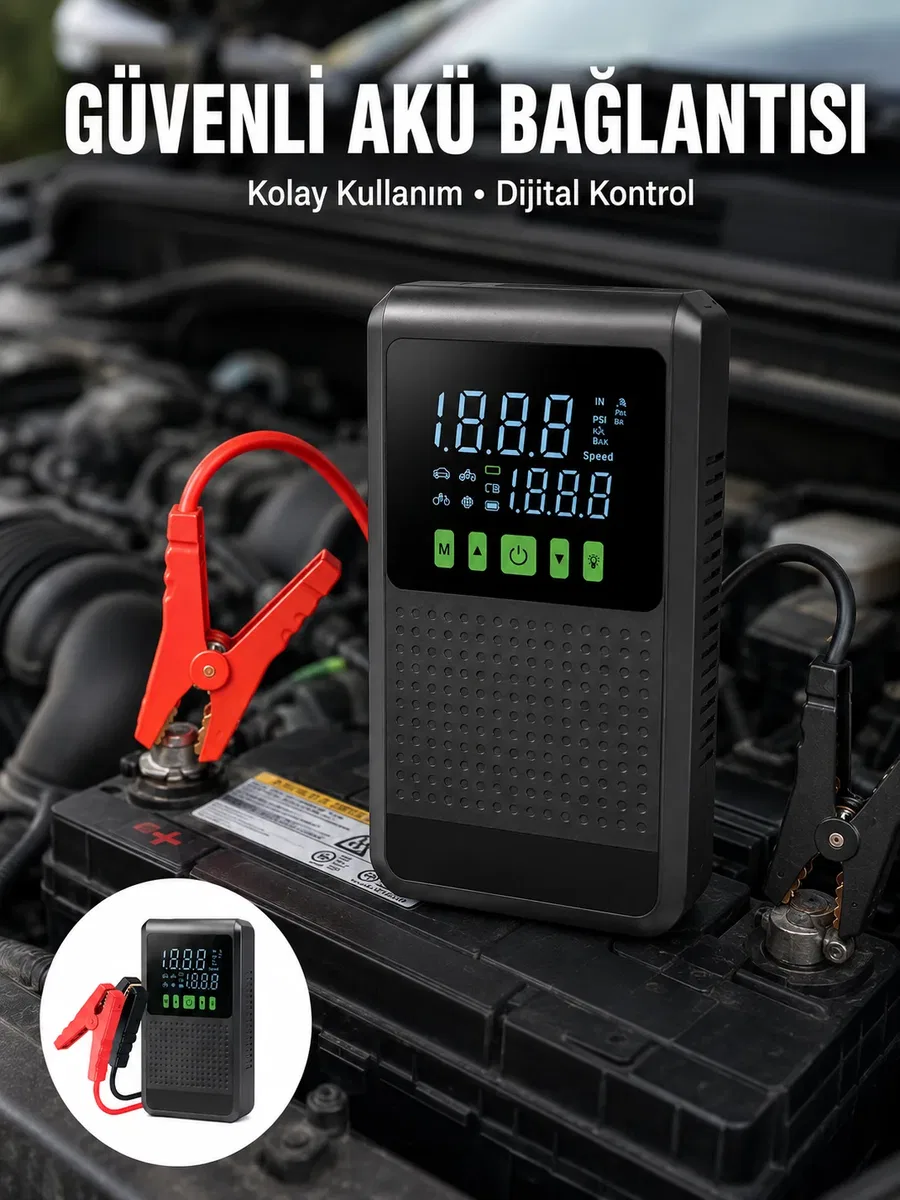 12. 000 mAh Şarjlı Araç Akü Takviye ve Işıklı Hava Kompresörü Yeni Nesil