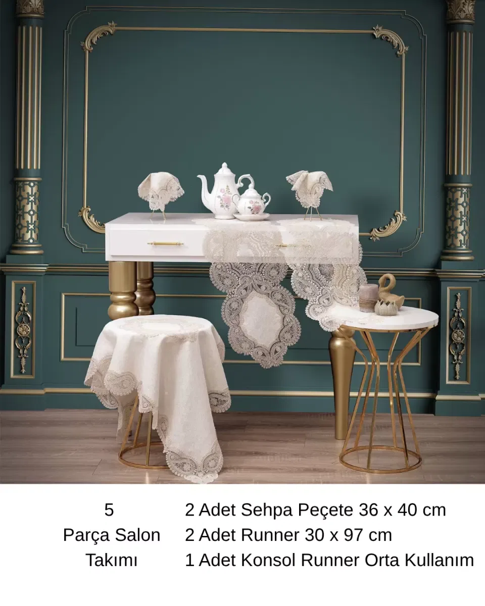 Krem-Kapiçino Bellisima Model 5 Parça Keten Dantelli Salon Takımı Runner Seti No 800 görsel 4