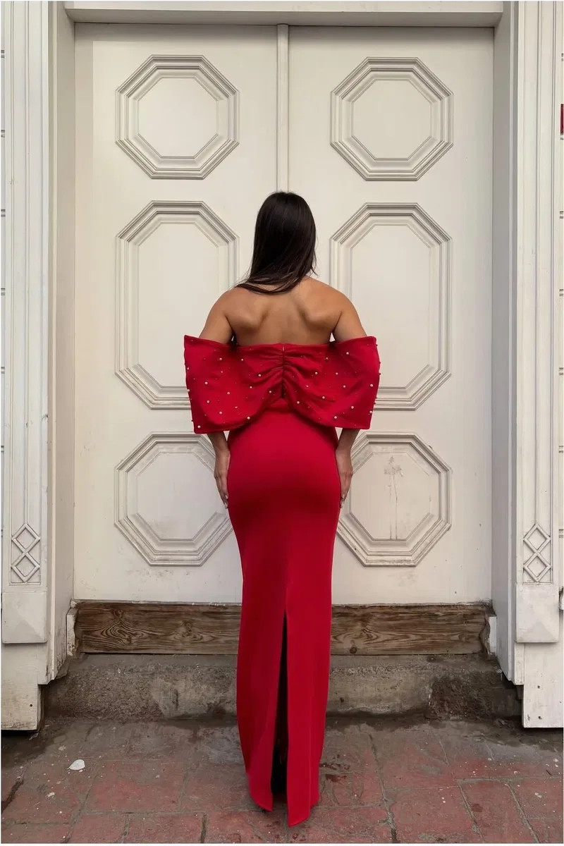 Kadın Trend Model Esnek Tül Kumaş Straplez Abiye Elbise görsel 8