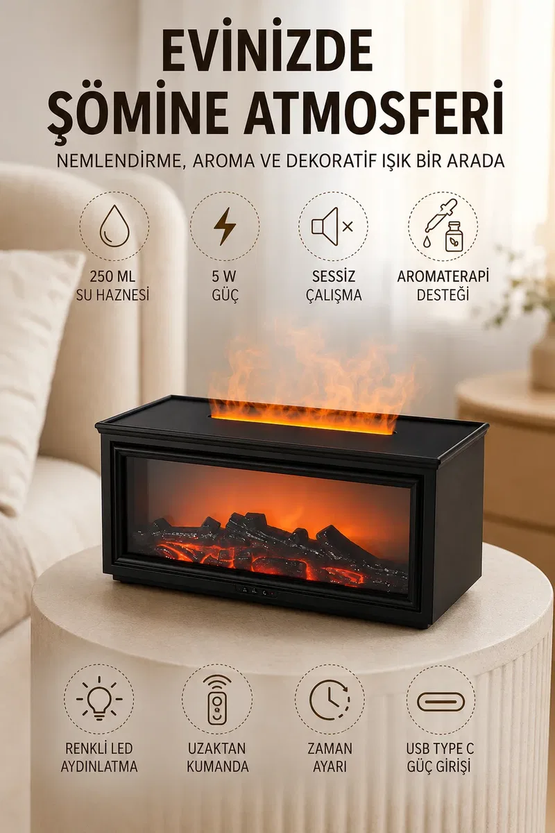 Şömine Görünümlü Hava Nemlendirici Renkli LED Işıklı Aroma Difüzörü görsel 3