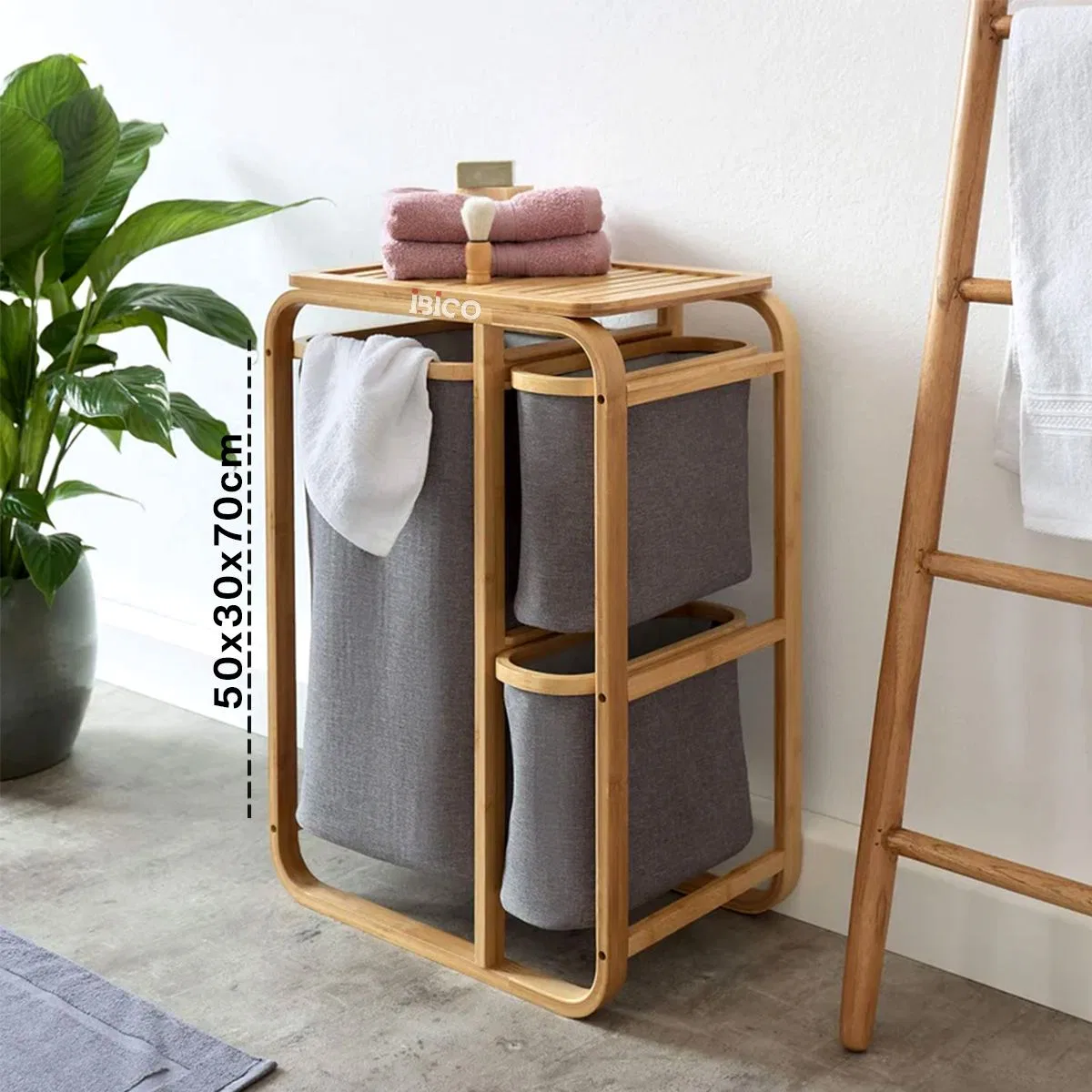 Ahşap Bambu 3 Bölmeli Çamaşır Sepeti 50x30x70 cm görsel 2