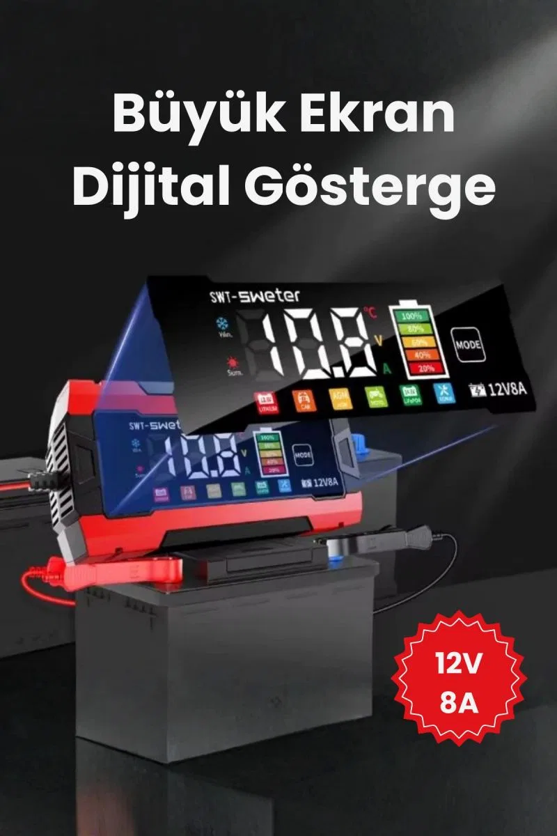 12v 8a Akıllı Akü Şarj Cihazı 12v 8a Lcd Ekranlı Pulse Repair Otomatik Akü Şarj & Desülfatör görsel 2