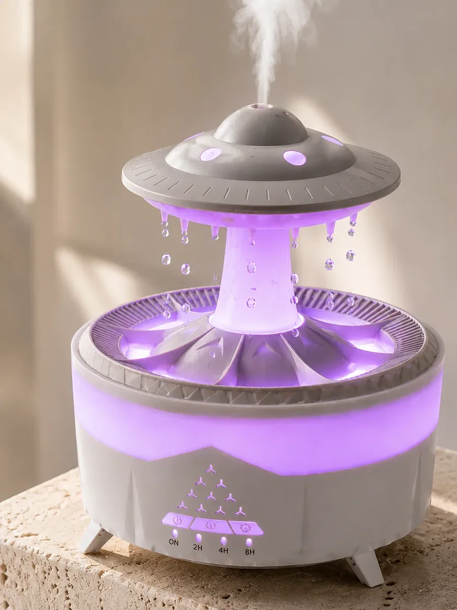 Dekoratif UFO Hava Nemlendirici Simüle Yağmur Damlalı Renkli Gece Işıklı 350 ML görsel 4