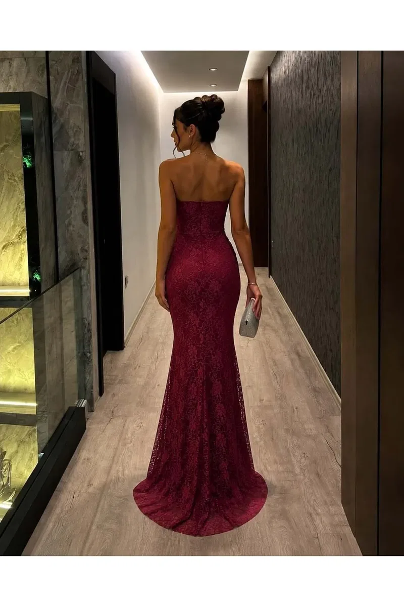 Kadın Vintage Straplez Kolsuz Nakışlı İşlemeli Bodycon Elbise görsel 3