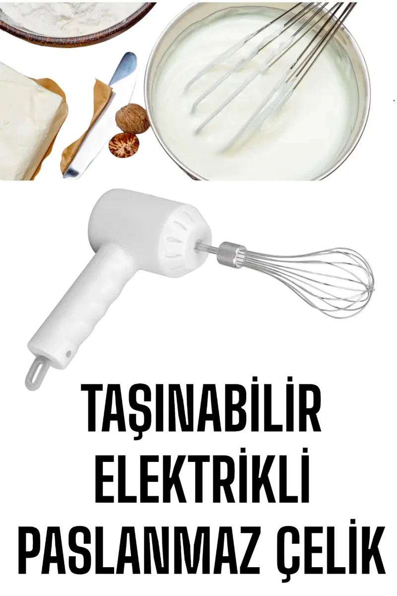 Mikser Çırpıcı Şarjlı Mini Taşınabilir Beyaz Tel Çırpıcı Paslanmaz Çelik görsel 2