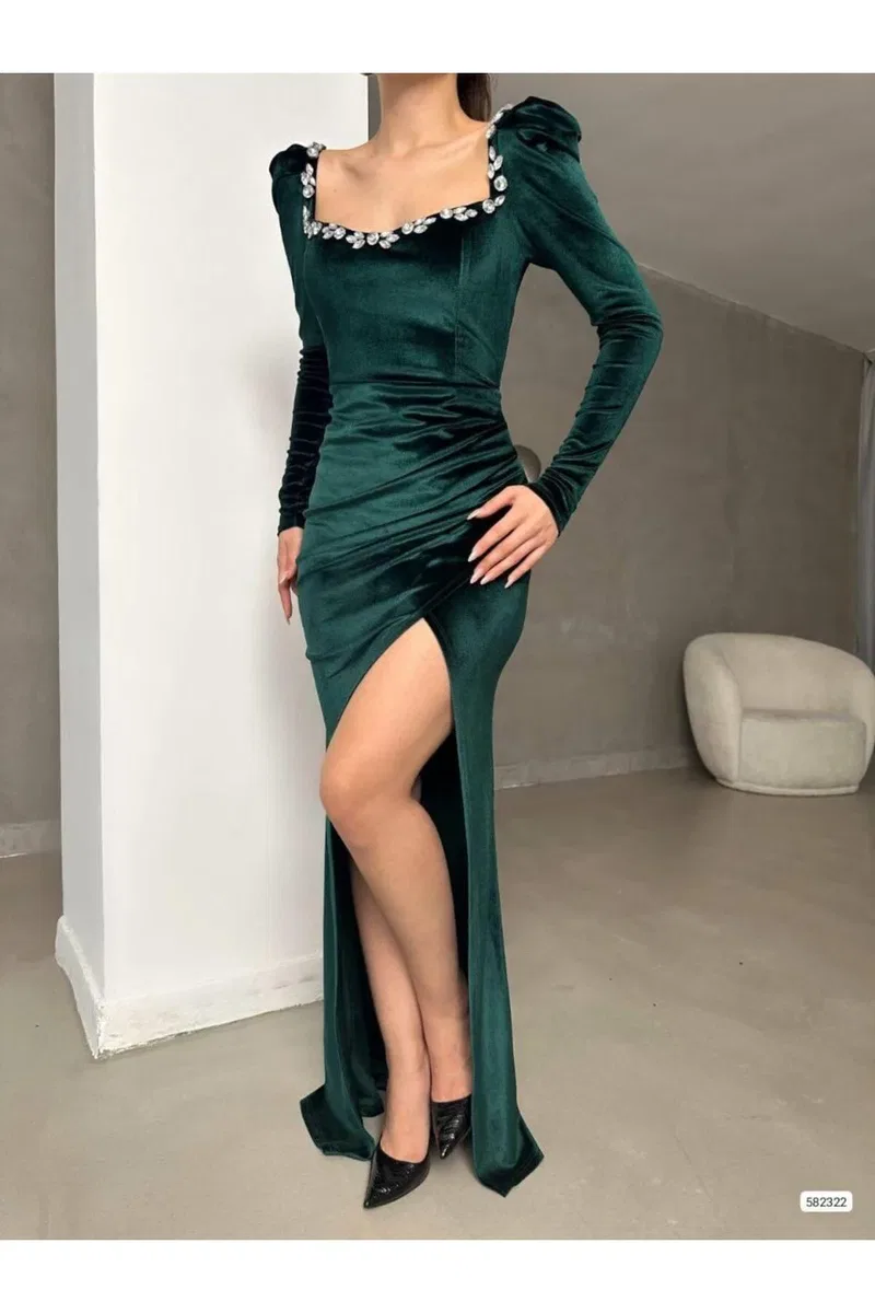 Kadın El Emeği Mezuniyet Elbisesi Kare Yaka Uzun Kol Balık Kesim Abiye Elbise görsel 7