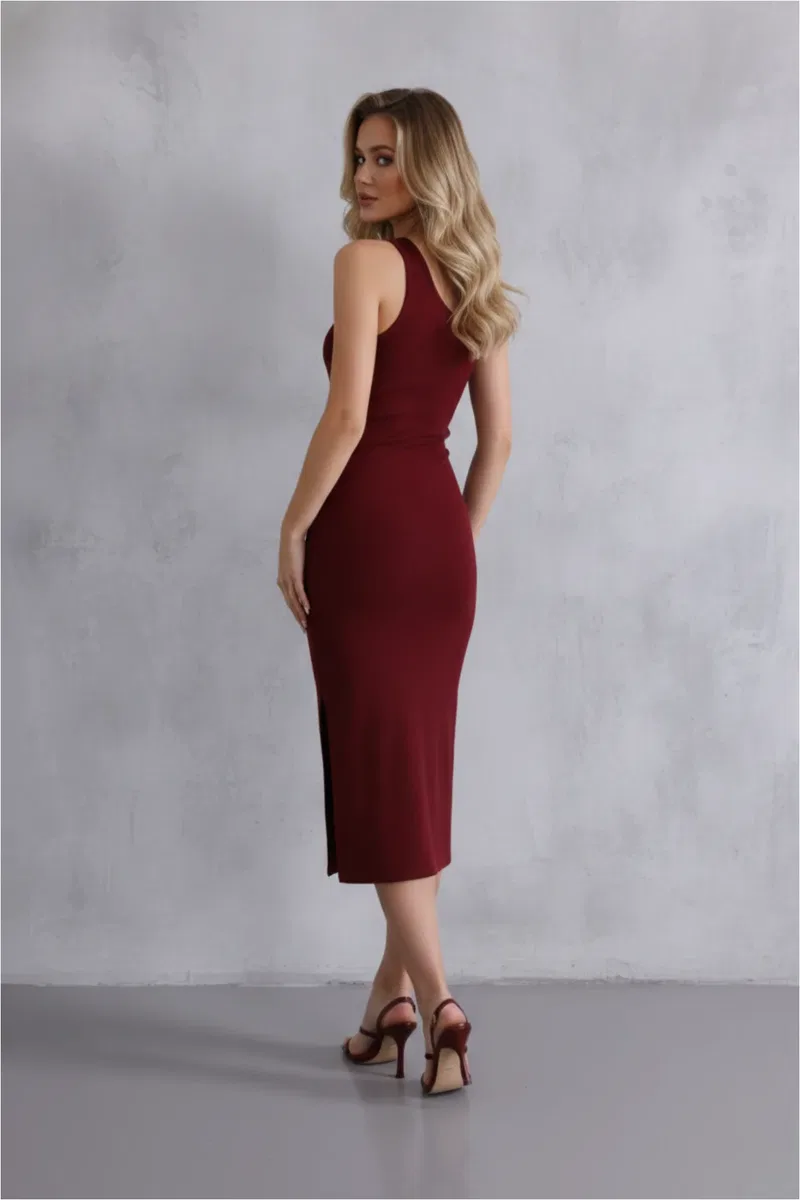 Kadın Şık Bordo Halter Yaka Yırtmaçlı Pamuklu Fitilli Likralı Kaşkorse Slim Fit Midi Elbise görsel 4