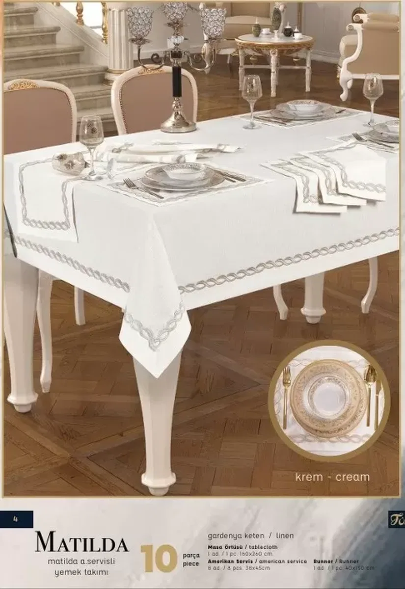 Matilda Amerikan Servisli Krem-Gümüşsimli 10 Parça 160 × 260 cm Masa Takımı görsel 6
