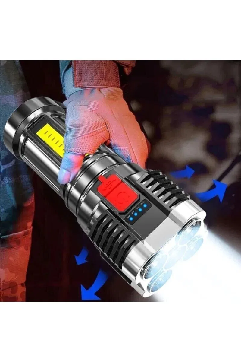 Ultra Parlak El Feneri Usb Şarj 4 Led+yan Cob Led Taktik Günlük Hayat Kamp Avcılık El Feneri görsel 2