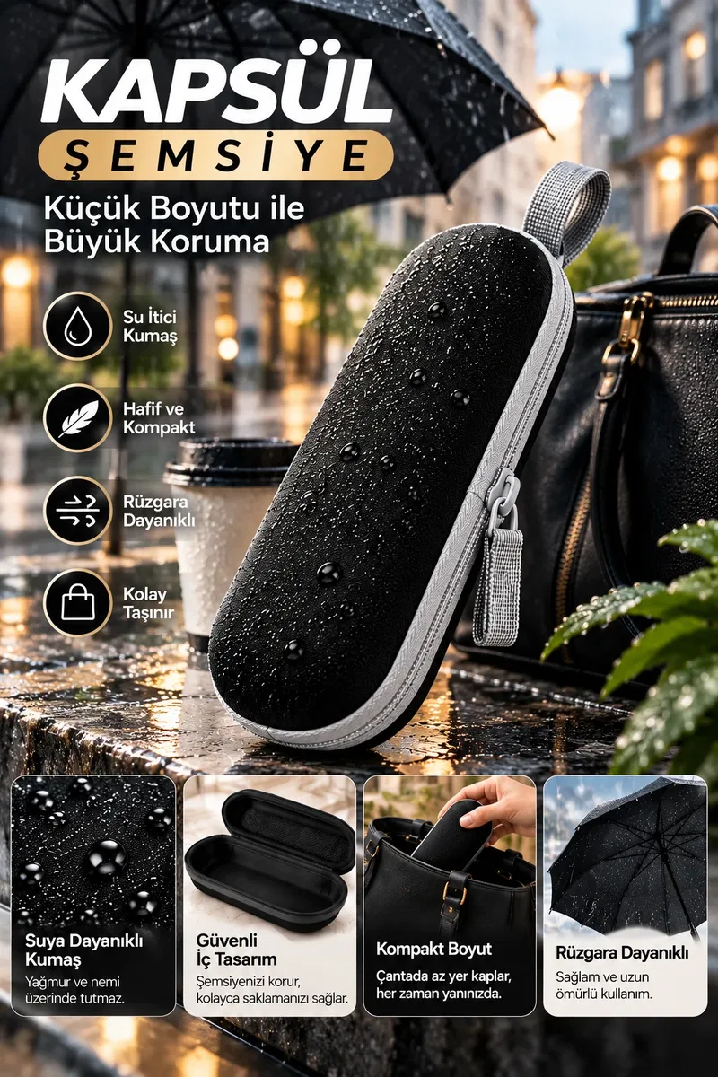 Kapsül Şemsiye Siyah Renk Katlanabilir Kompakt Yapı Yağmurlu Havalarda Kolay Kullanım