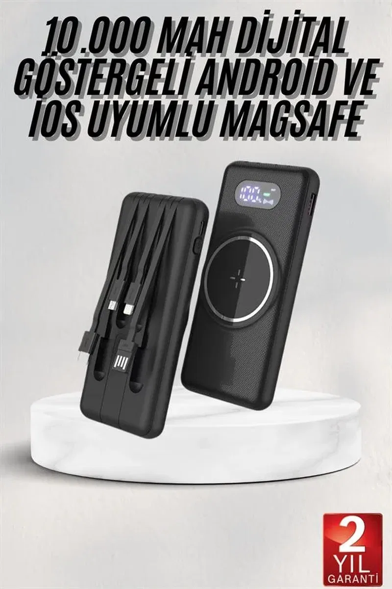 Wireless Powerbank 10000 Mah LED Ekranlı Dahili Kablolu Hızlı Şarj görsel 2