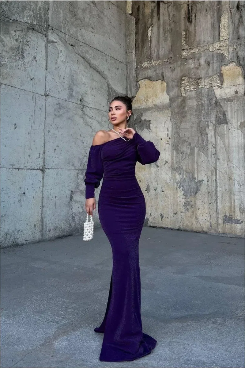Kadın Modern Stil Krep Kumaş Kayık Yaka Maxi Abiye Elbise