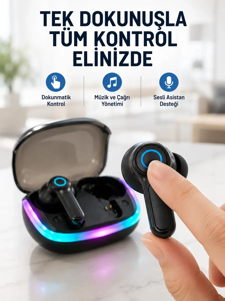 Bluetooth 5. 4 TWS Kablosuz Kulaklık Quad ENC Mikrofonlu RGB Şarj Kutulu HD Ses